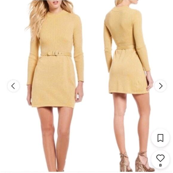Free People Womens Medium Sweater Dress FRENCH GIRL MINI Gold Shimmer *no Belt - Picture 3 of 13